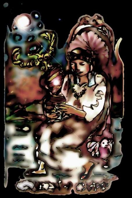 Queen of Cups, Rich; colored pencil on 3x5 index card, phosh't; 2005-2008